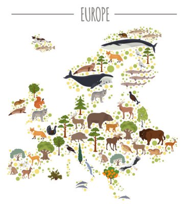 Poster Kontinente Karte von Europa mit Tieren