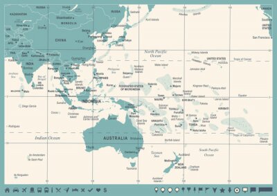 Poster Kontinente Karte von Ozeanien in kühlen Farben