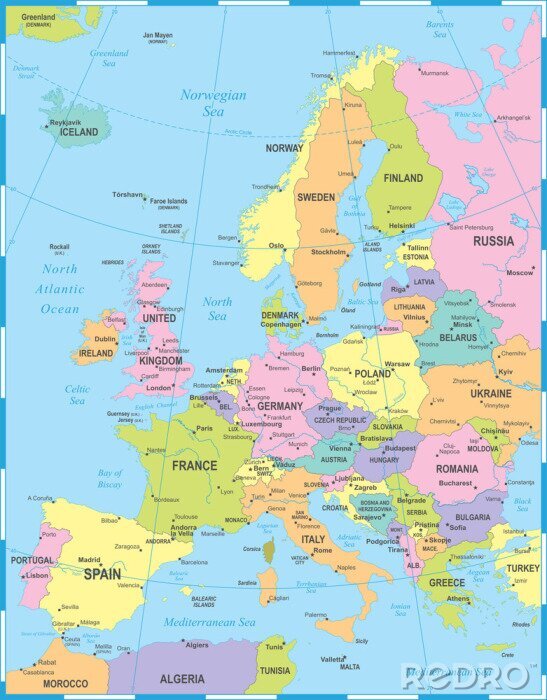 Poster Kontinente politische Karte Europas in Farbe nach Maß - myredro.de