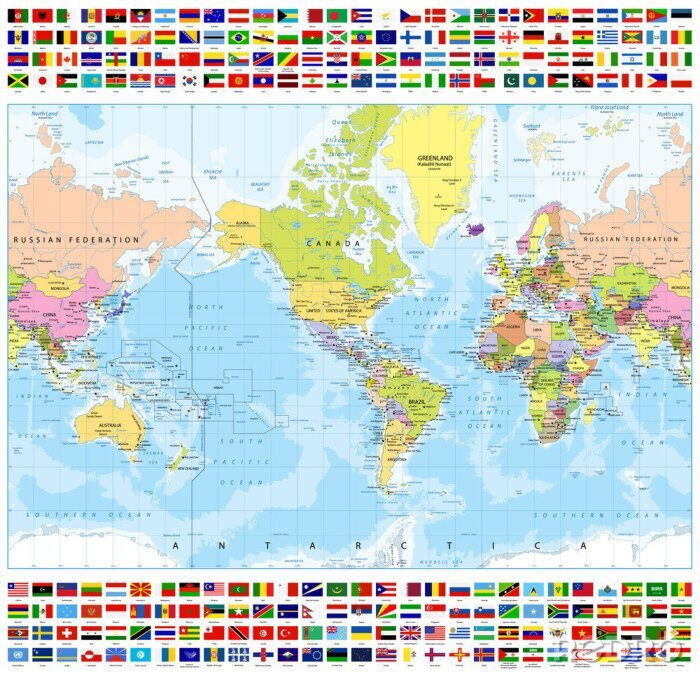 Poster Kontinente und Ozeane mit Flaggen