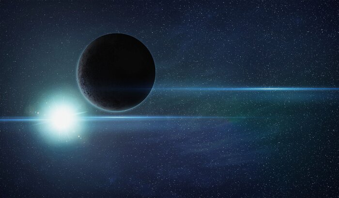 Poster Kosmos mit dunklem Planeten und Sternfackel