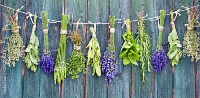 Fototapete Kräuter auf einem hölzernen Hintergrund