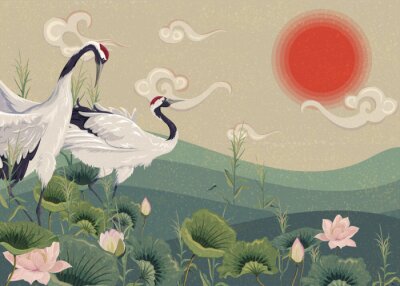 Poster Kraniche in einer Illustration im Japandi-Stil