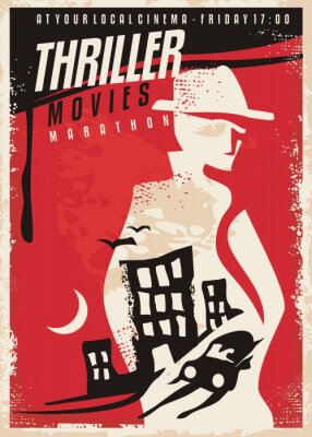 Kreatives Plakatdesign für Thrillerfilmshow. Kinoplakatschablone mit Geheimagentschattenbild und Nachtstadtszene. Vektor-Layout.