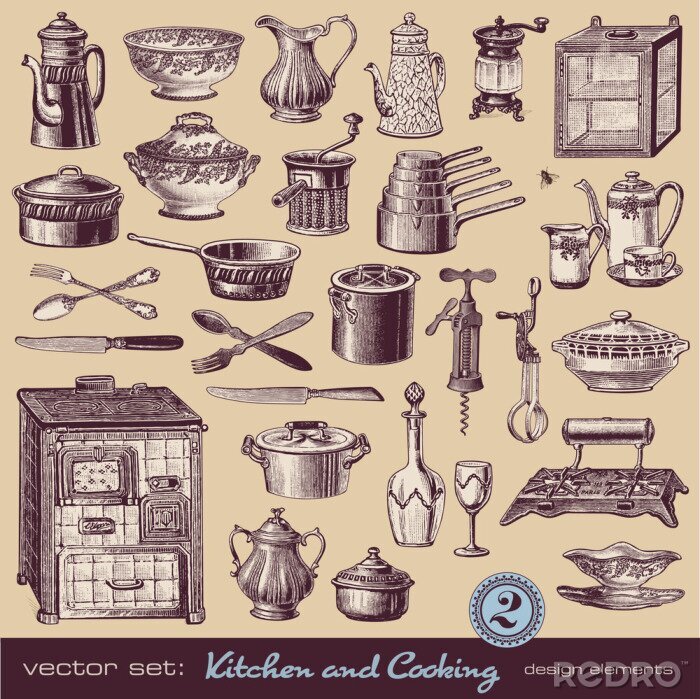 Poster Küchenutensilien in Zeichnungen