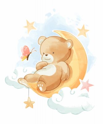 Poster Lächelnder Bär auf dem Mond liegend