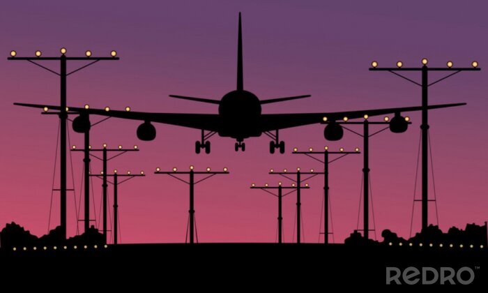 Poster Landendes Flugzeug bei Nacht