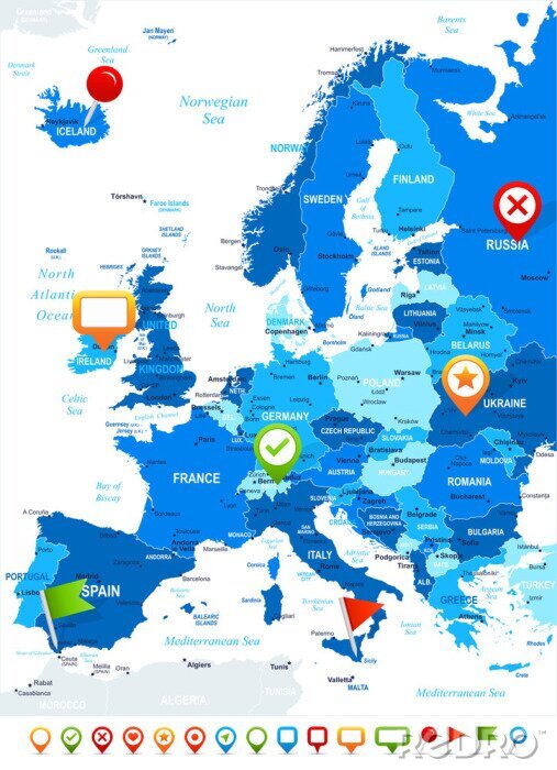 Poster Landkarte Europa mit Symbolen