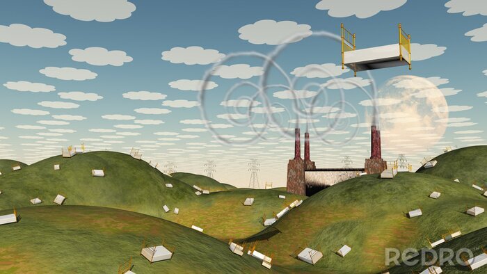 Poster Landschaft mit Bett Surrealismus