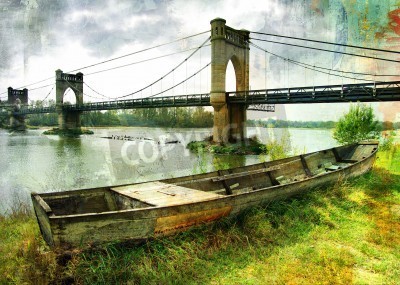 Poster Landschaft mit Boot und Brücke