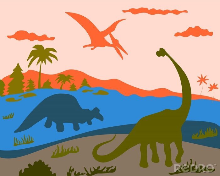 Poster Landschaft mit Dinosauriern und einem Pterodaktylus