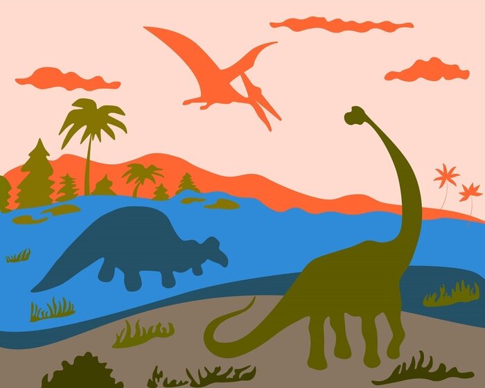 Poster Landschaft mit Dinosauriern und einem Pterodaktylus