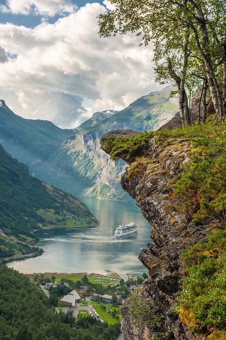 Poster Landschaft mit einem Fjord und einem norwegischen Dorf