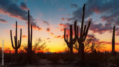 Landschaft mit Kakteen vor dem Hintergrund eines Sonnenuntergangs in Arizona