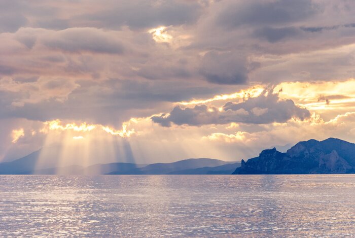 Poster Landschaft mit untergehender Sonne und See