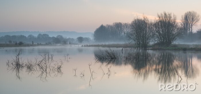 Poster Landschaft von See im Nebel mit Sonne leuchten bei Sonnenaufgang