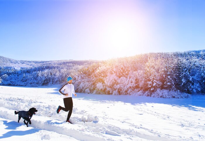 Poster Laufen im Schnee mit einem Hund