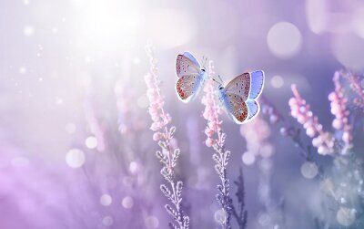 Poster Lavendelfeld und Schmetterlinge in einem magischen Glanz