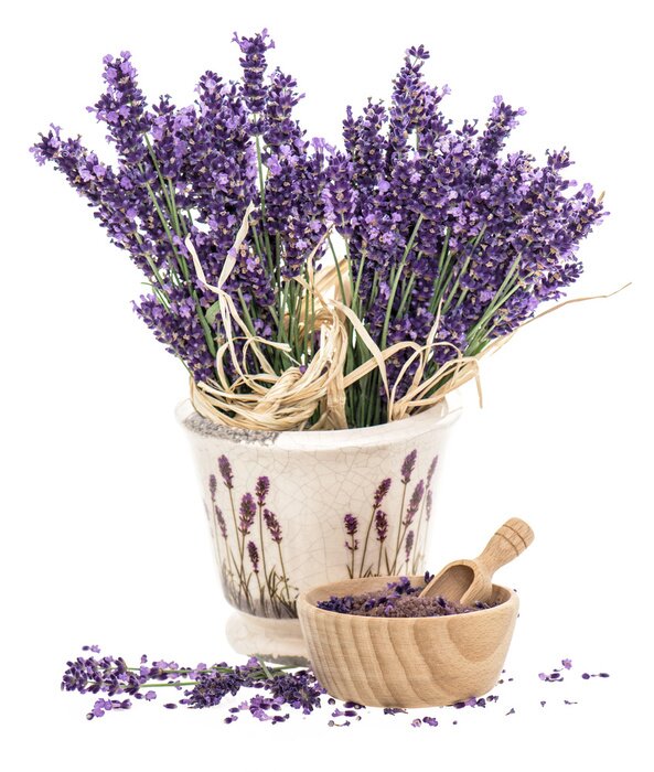 Poster Lavender flowers and wooden mortar with bath salt
