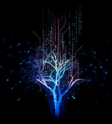 Leuchtender digitaler Baum auf schwarzem Hintergrund