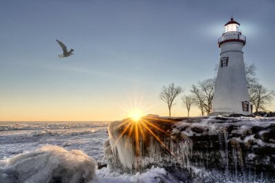 Poster Leuchtturm im Winter nach Maß