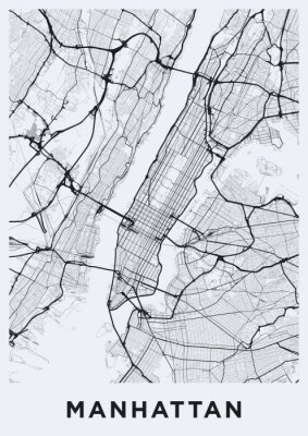 Light Manhattan (New York) map. Road map of Manhattan (NYC). Black and white (light) illustration of Manhattan's streets. Transport network of Manhattan. Printable poster format (portrait).