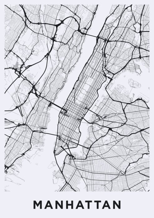 Poster Light Manhattan (New York) map. Road map of Manhattan (NYC). Black and white (light) illustration of Manhattan's streets. Transport network of Manhattan. Printable poster format (portrait).