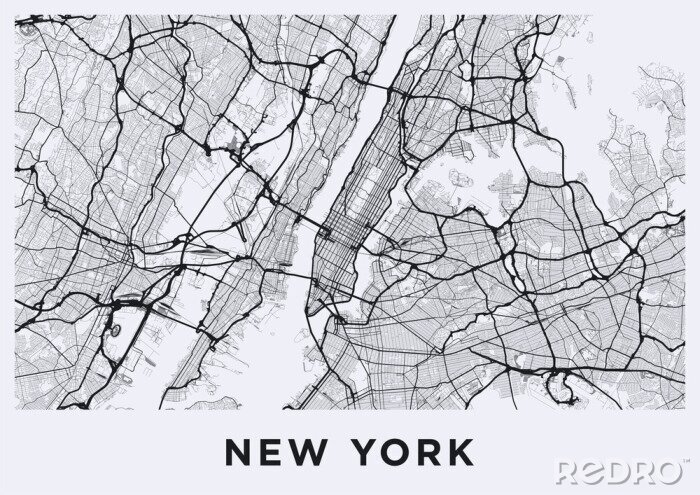 Poster Light New York City map. Road map of New York (United States). Black and white (light) illustration of new york streets. Transport network of the Big Apple. Printable poster format (album).
