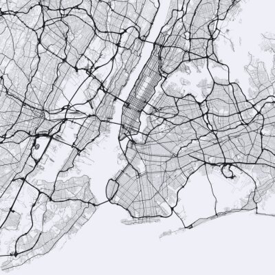 Light New York City map. Road map of New York (United States). Black and white (light) illustration of new york streets. Transport network of the Big Apple. Square format.