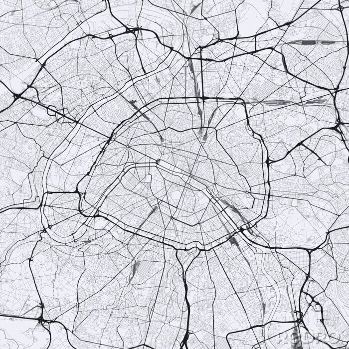 Poster Light Paris city map. Road map of Paris (France). Black and white (light) illustration of parisian streets. Square format.