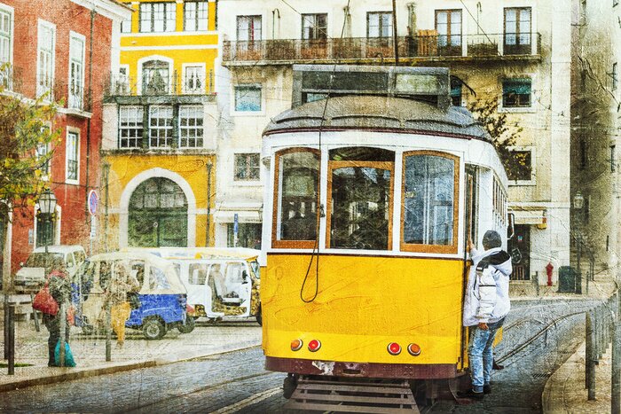 Poster Lissabon Tram in Gelb Retro