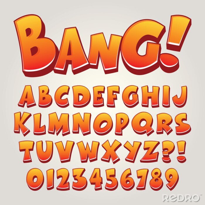 Poster Liste der Buchstaben und Zahlen mit dem Wort Bang