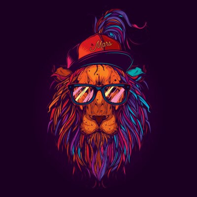 Poster Löwe mit Brille und Mütze