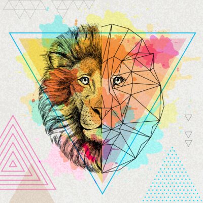 Poster Löwe und geometrisches Muster