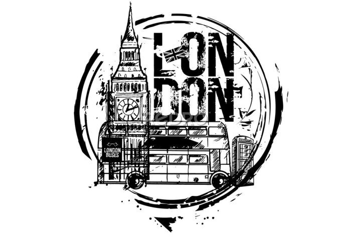 Poster London Bus, Big Ben. London, England. Stadtgestaltung. Hand gezeichnete Illustration.