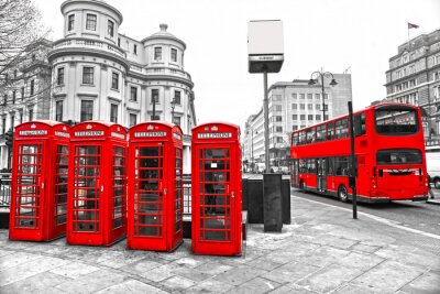 Poster London roter Bus und Telefonzellen