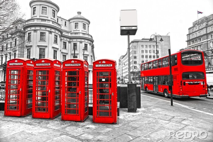 Poster London roter Bus und Telefonzellen