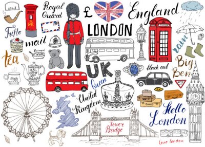 Poster London Stadt doodles Elemente Sammlung. Hand gezeichnetes Set mit, Turmbrücke, Krone, Big Ben, königlicher Schutz, roter Bus und schwarzes Fahrerhaus, UK-Karte und Flagge, Teetopf, Beschriftung, Vekto