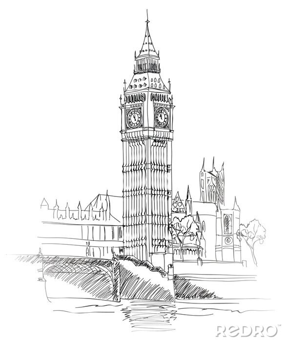 Poster London Wahrzeichen. Landschaft von London. Big Ben Tower. Vektor Handgezeichnete Skizze Illustration.