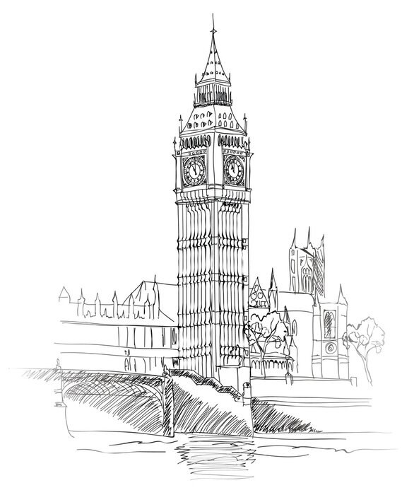 Poster London Wahrzeichen. Landschaft von London. Big Ben Tower. Vektor Handgezeichnete Skizze Illustration.