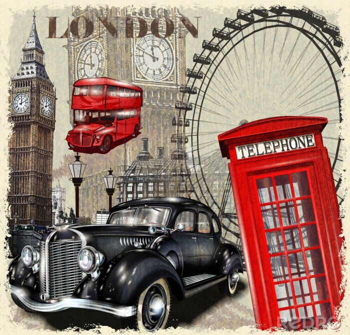Poster Londoner Postkarte mit einem Retro-Auto