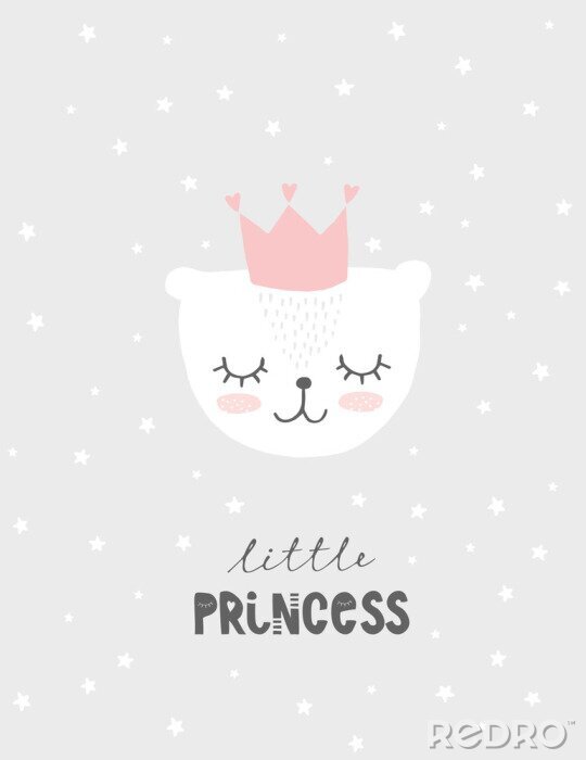 Poster Lovely Little Princess Vector Illustration.Cute White Baby Bear Wearing Pink Crown With Heart.Light Gray Starry Background. Sweet Nursery Art.Pastel Colors Design for Baby Girl.Simple Baby Shower Card