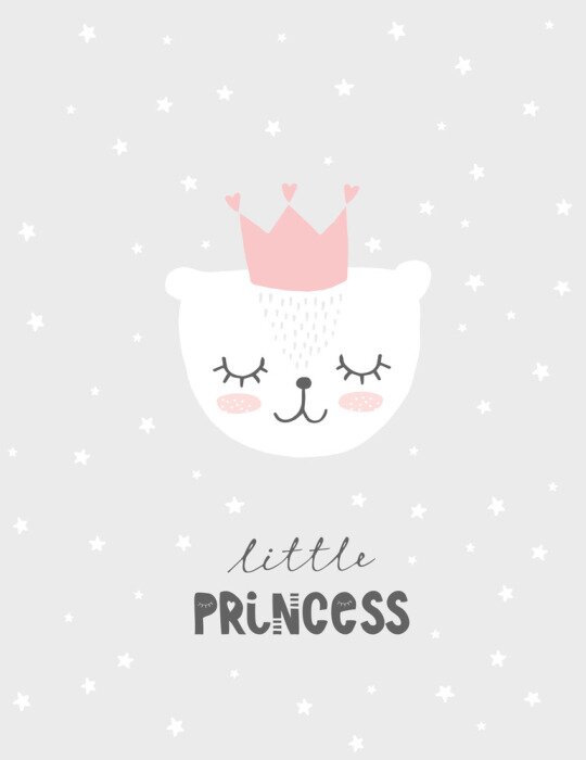 Poster Lovely Little Princess Vector Illustration.Cute White Baby Bear Wearing Pink Crown With Heart.Light Gray Starry Background. Sweet Nursery Art.Pastel Colors Design for Baby Girl.Simple Baby Shower Card