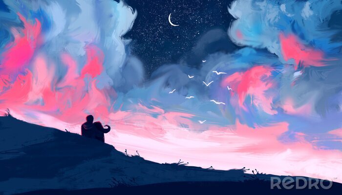 Poster Loving couple looking at the pink sky. Couple sitting on a hill at night. Digital art