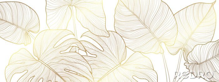 Poster Luxury gold and nature green background vector. Floral pattern, Golden split-leaf Philodendron plant with monstera plant line arts, Vector illustration.