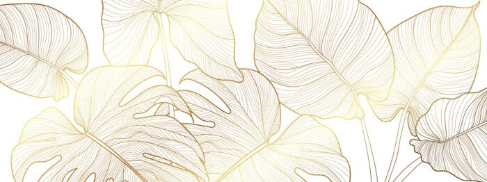 Poster Luxury gold and nature green background vector. Floral pattern, Golden split-leaf Philodendron plant with monstera plant line arts, Vector illustration.