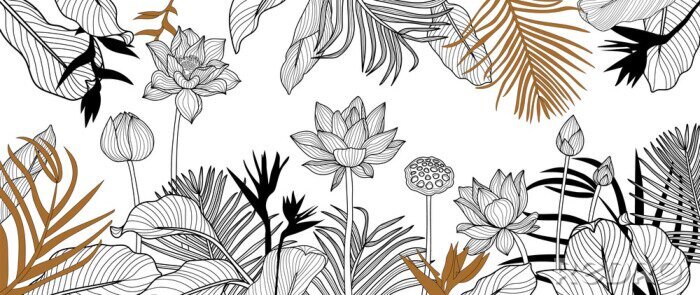 Poster Luxury golden art deco wallpaper. lotus  background vector. Floral pattern with golden tropical flowers, monstera plant, Jungle plants line art on white background. Vector illustration.