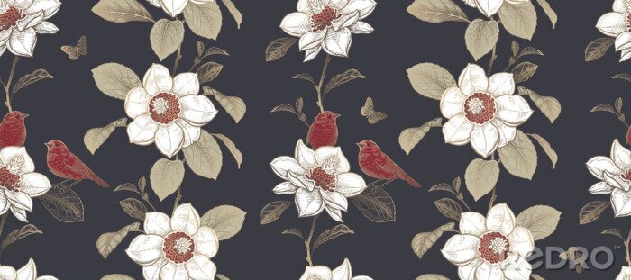 Poster Luxury seamless pattern. Blooming magnolia tree and little cute birds.
