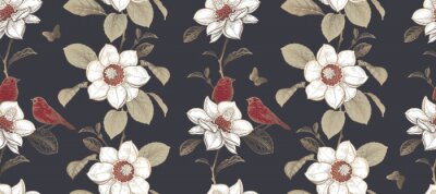 Tapete Luxury seamless pattern. Blooming magnolia tree and little cute birds.