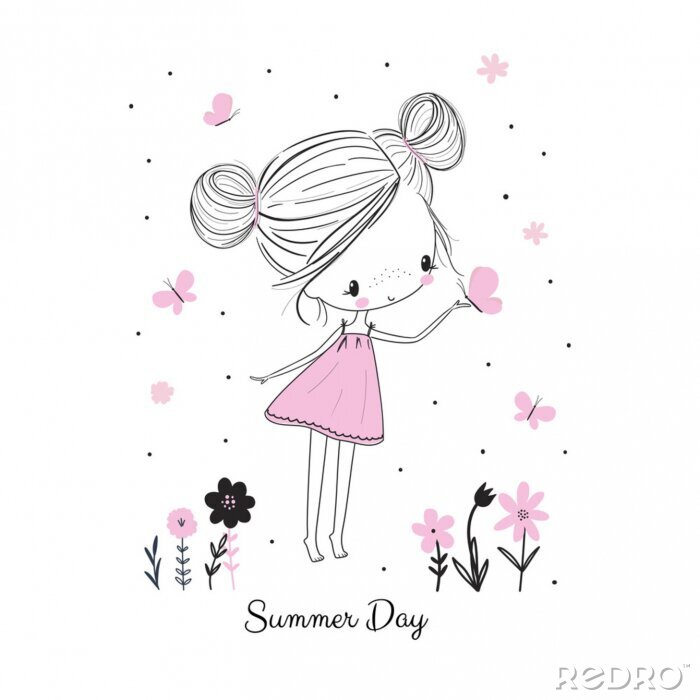 Poster Mädchen im rosa Kleid und ein Schmetterling fliegt auf sie zu
